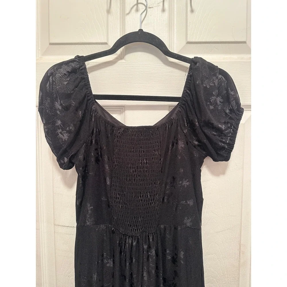 Ember Black Mesh Floral Maxi Dress Short Puff Sleeve Smocked Back S Whimsigoth - Picture 6 of 6